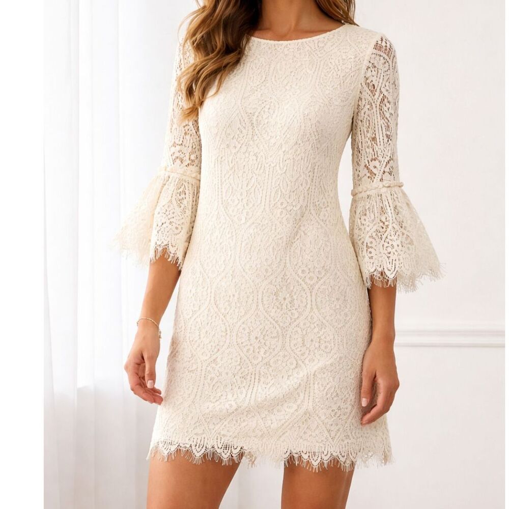 RN Studio Lace Dress Cream Bell Sleeve Boho Shift Mini Romantic Size S